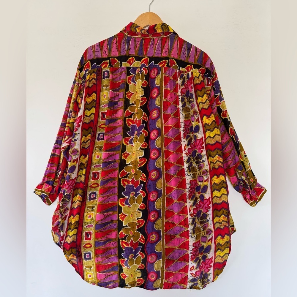 Vintage 90s La Femme India Cotton Gauze Floral Abstract Oversized Button Shirt M - Picture 5 of 11